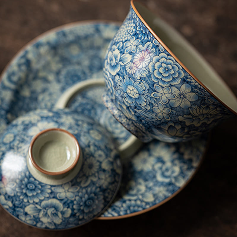 Vintage Blue And White Porcelain Peach Blossom Lotus Peony Ceramic Gaiwan Sancai Teacup Kung Fu Tea Cup And Saucer With Lid