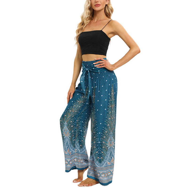 Boho Peacock Feathers Lace-up Wide Leg Pants Women's Yoga Pants