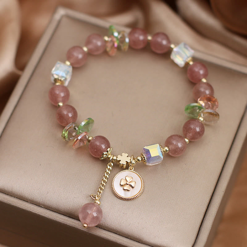 Strawberry Quartz Lucky Four Leaf Clover Healing Charm Bracelet