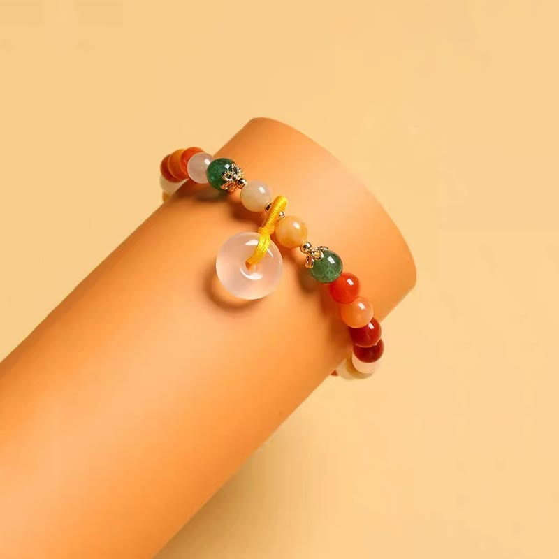 14K Gold Plated Golden Silk Jade and Green Strawberry Quartz Ping An Kou Bracelet