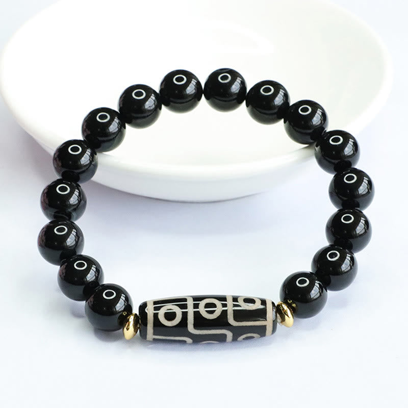Tibetan Nine-Eye Dzi Bead and Black Onyx Grounding Beaded Bracelet
