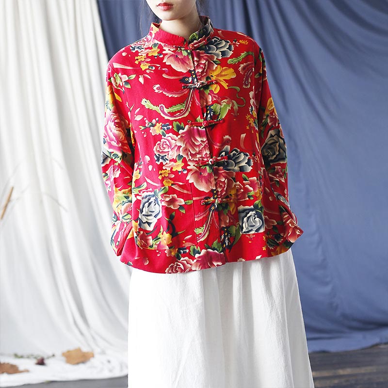 Ethnic Red Flower Peony Frog-Button Cotton Linen Long Sleeve Shirt Jacket With Pockets
