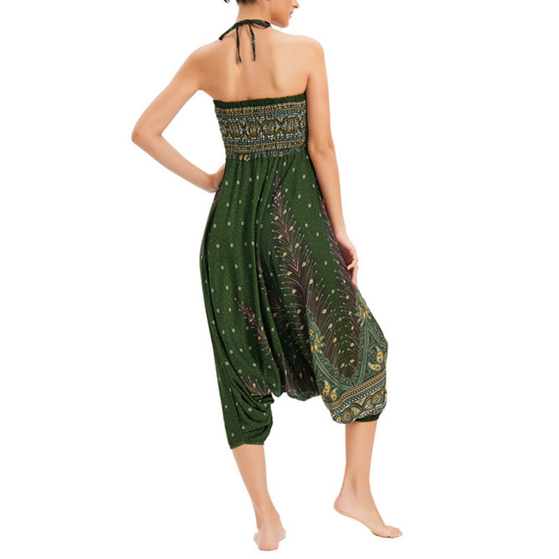 Two Style Wear Peacock Feather Loose Smocked Harem Trousers Jumpsuit High Waist Pants