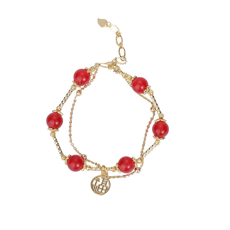 Red Agate and Copper Fu Character Charm Bracelet for Self-Acceptance