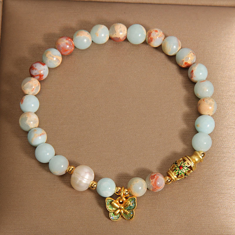 Shoushan Stone and Pearl Beaded Butterfly Charm Bracelet