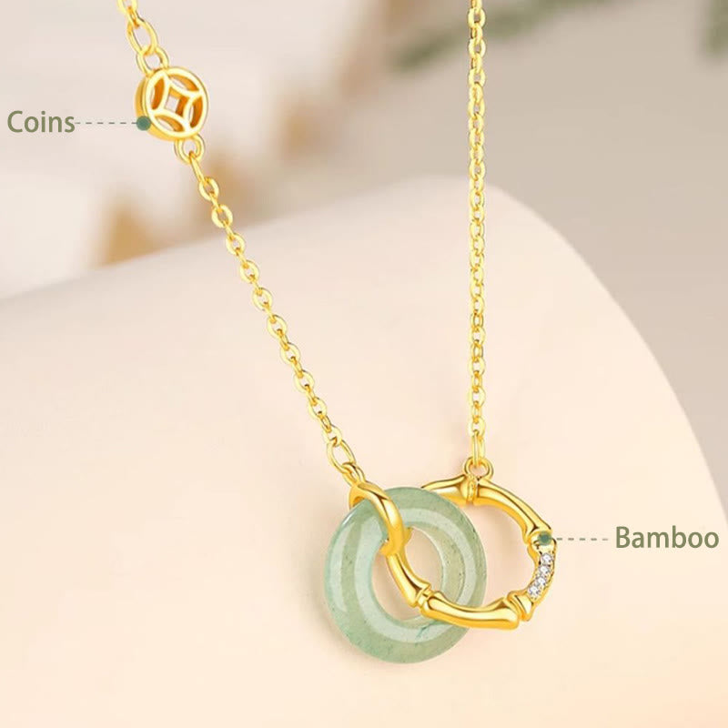 Green Aventurine and Sterling Silver Bamboo Ping An Kou Peace Buckle Pendant Necklace