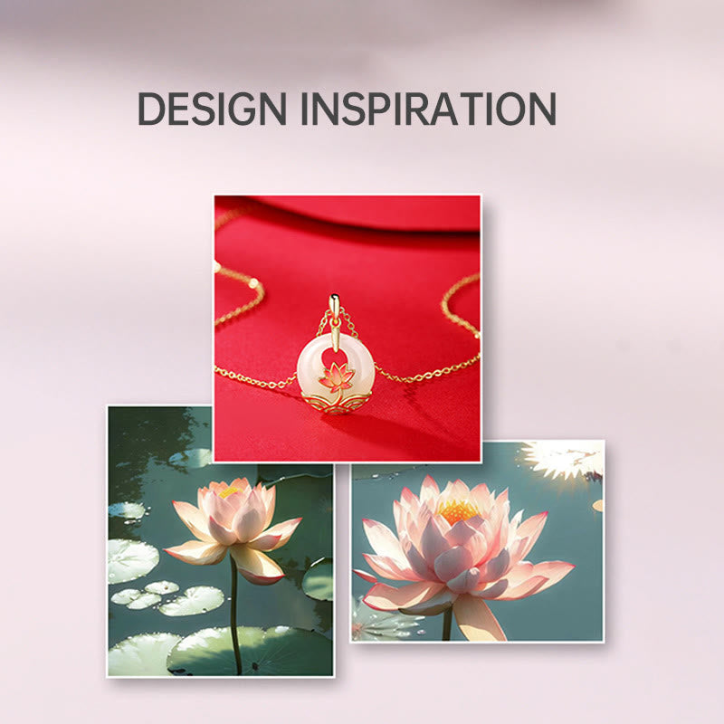 925 Sterling Silver Hetian White Jade Lotus Flower Blessing Necklace Pendant