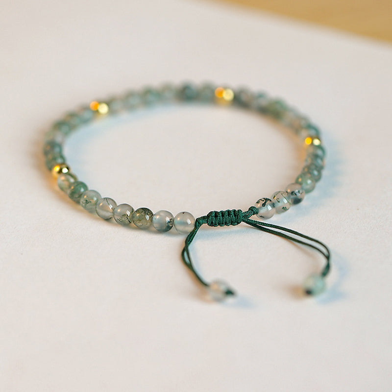 Moss Agate Beaded Bracelet with Copper Golden Accents, Adjustable Fit (14-19cm)