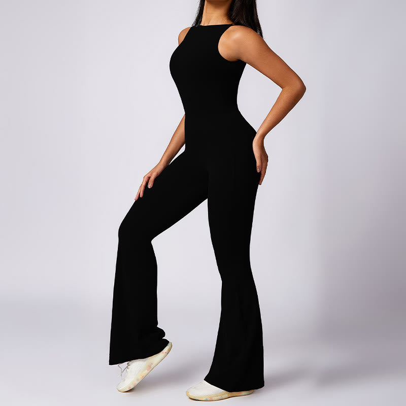 Women Casual Sleeveless Jumpsuit Flare Pants Sports Fitness Yoga Bodysuit