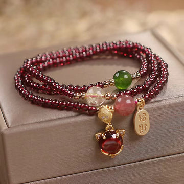 Natural Garnet & Strawberry Quartz Triple Wrap Bracelet with Jade and Citrine Accents