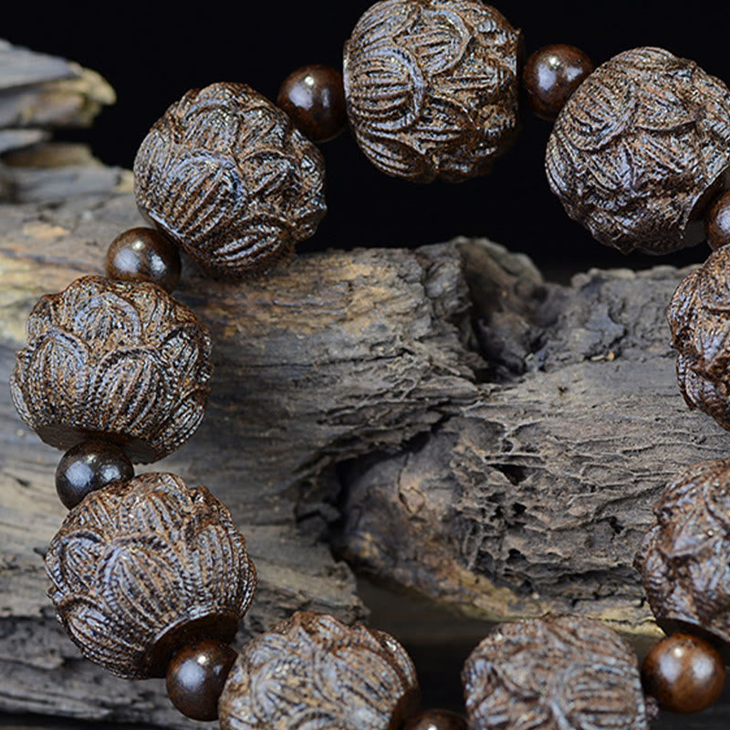 Ebony Wood Eighteen Arhats Lotus Dragon Engraved Balance Bracelet