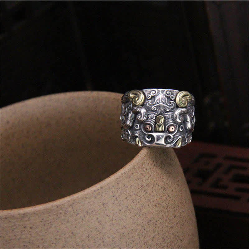 925 Sterling Silver Mythical Dragon and Kui Ox Adjustable Ring