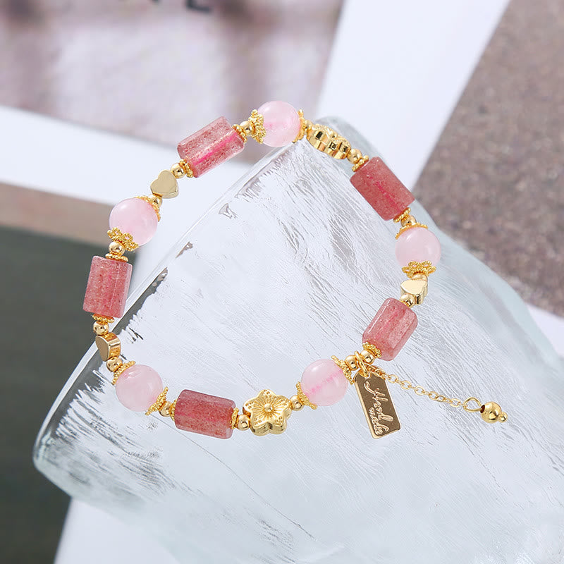 Strawberry Quartz and Pink Crystal Heart Flower Energy Bracelet for Women