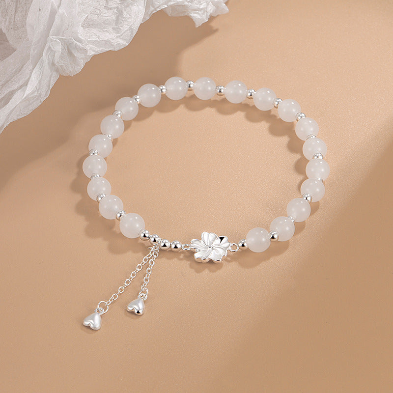 White Jade Peach Blossom Petals Flower Luck Bracelet