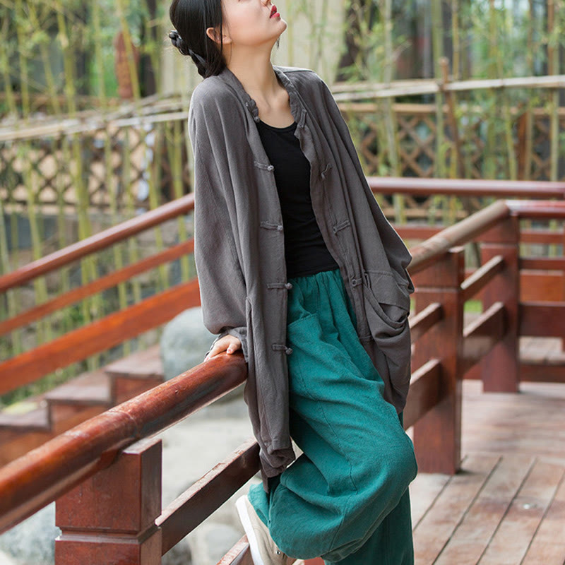Frog-Button Long Sleeve Zen Meditation Open Front Jacket With Pockets
