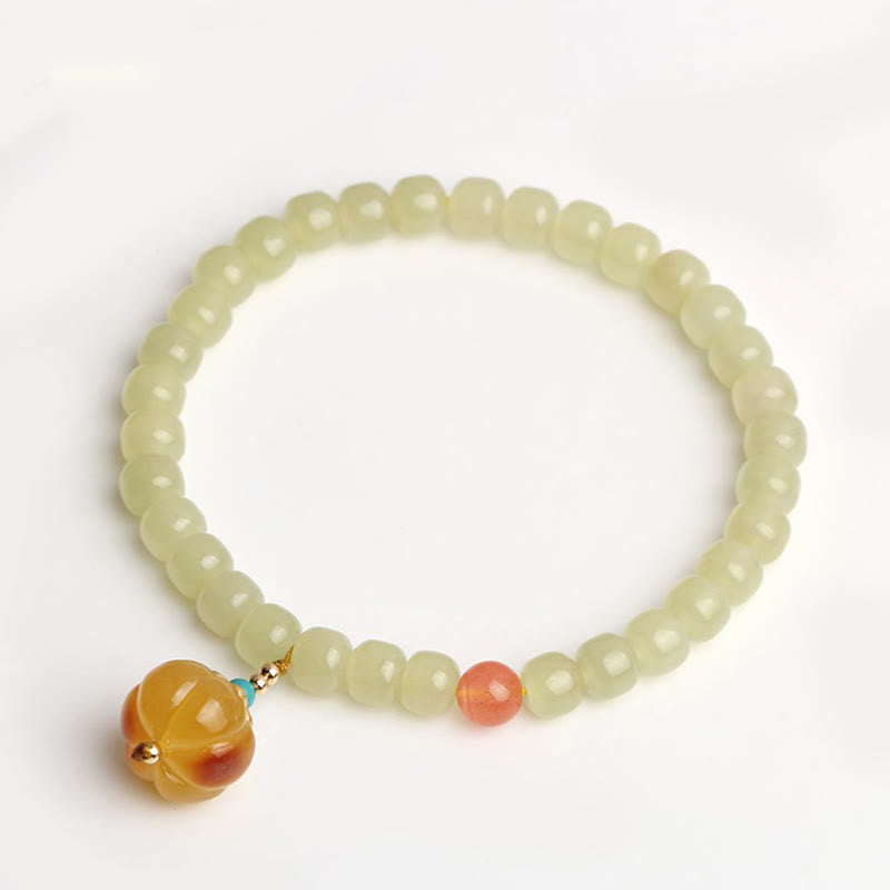 Natural Hetian Jade Amber and Red Agate Pumpkin Carved Gemstone Bracelet
