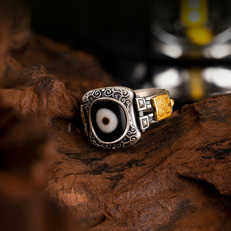 925 Sterling Silver & Gold Zakiram Dzi Bead Adjustable Ring