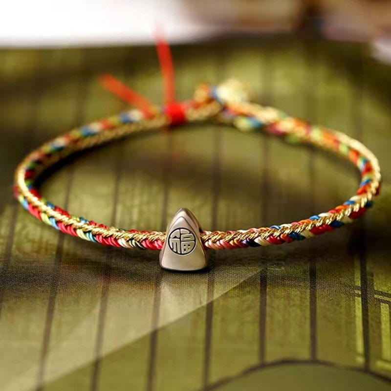 925 Sterling Silver Fu Character Zongzi Pattern Multicolored String Luck Handmade Braided Bracelet
