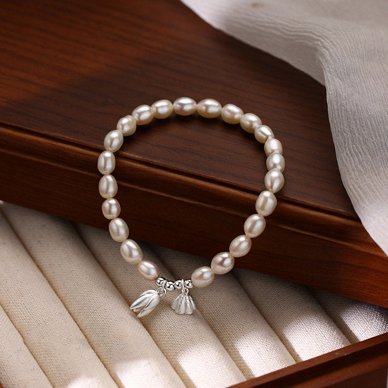 999 Sterling Silver Lotus Flower Pod & Natural Pearl Bracelet