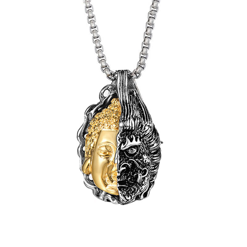 Dualistic Half Buddha Half Devil Titanium Steel Pendant Necklace for Men and Women