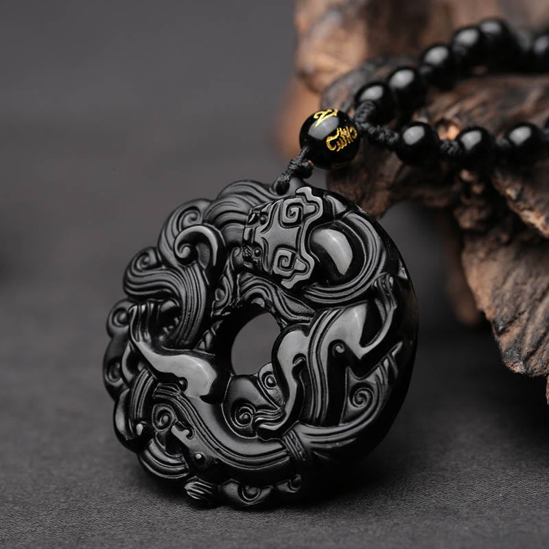 Natural Black Obsidian Peace Buckle Pixiu Purification Necklace Pendant