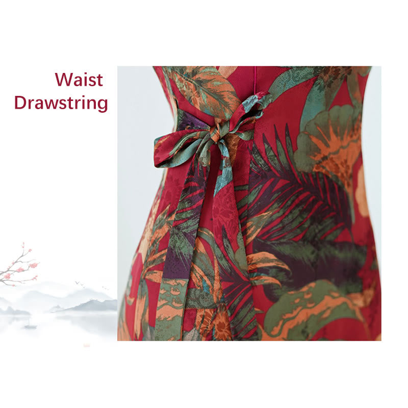 Silk Qipao Dress Retro Flower Leaf Pattern Women's Cheongsam Dress