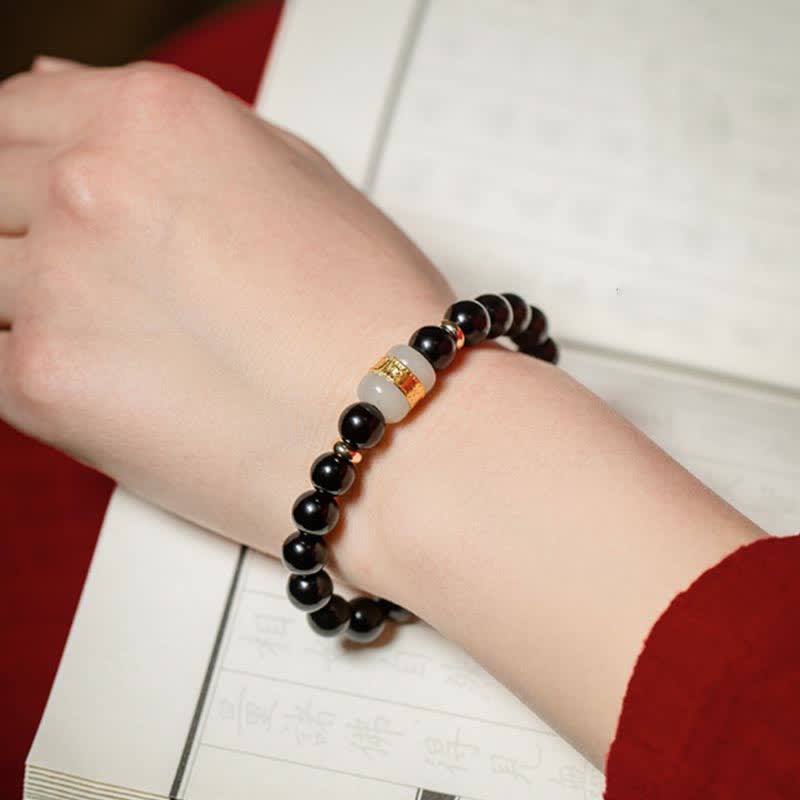 Magnetic Black Obsidian and Jade Om Mani Padme Hum Mantra Gold Plated Couple Bracelet
