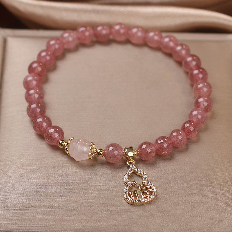 Strawberry Quartz Gourd Fu Character Charm Positive Bracelet