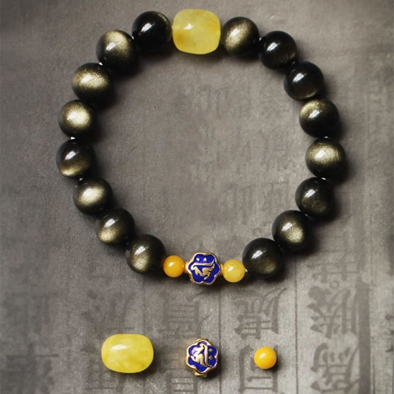 Natural Gold Sheen Obsidian & Amber Bracelet with 925 Sterling Silver and Zodiac Guardian