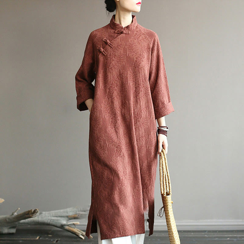 Flower Jacquard Midi Dress Long Sleeve Cotton Linen Dress Wide Leg Pants With Pockets
