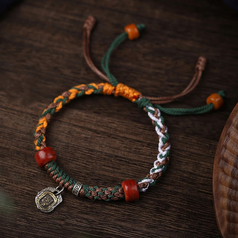 Handmade Tibetan Silver 925 Sterling Silver Zakiram Goddess of Wealth Camel Bone Protection Braided Bracelet
