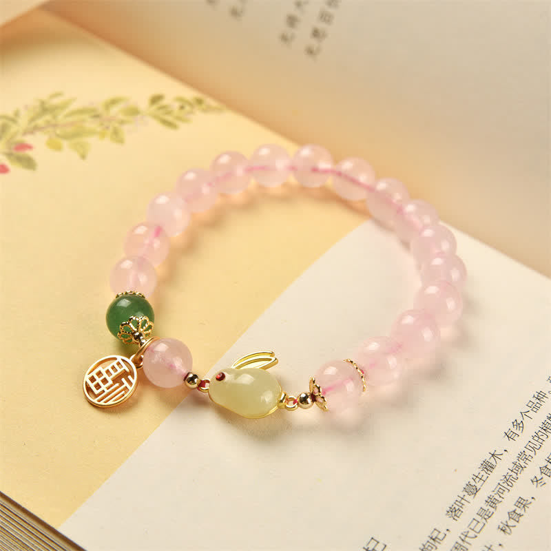 Natural Green Agate and Rose Quartz Rabbit Charm Beaded Bracelet
