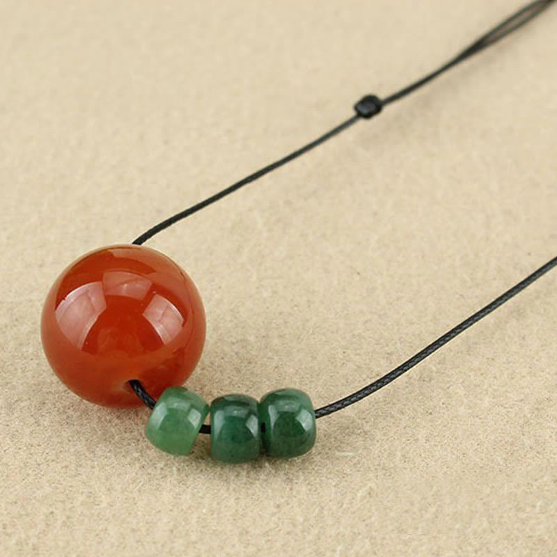 Red Agate Green Aventurine Green Bodhi Seed Bead Calm Leather Rope Necklace Pendant