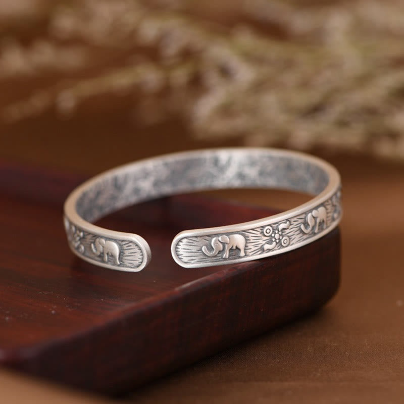 999 Fine Sterling Silver Elephant Strength & Wisdom Adjustable Cuff Bangle
