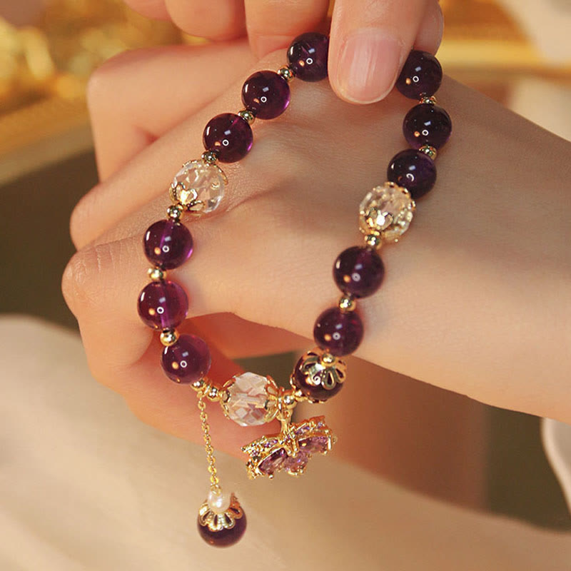 14k Gold Plated Natural Amethyst Maple Leaf Charm Bracelet