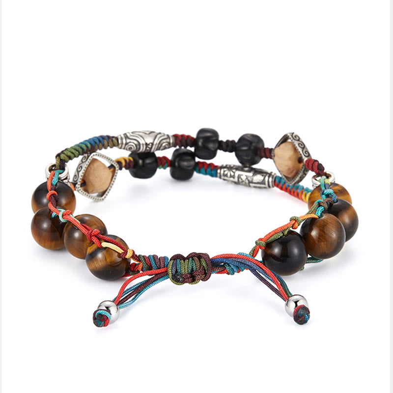 Handmade Tiger's Eye, Bodhi Seed & Coconut Shell 925 Sterling Silver Beaded Bracelet