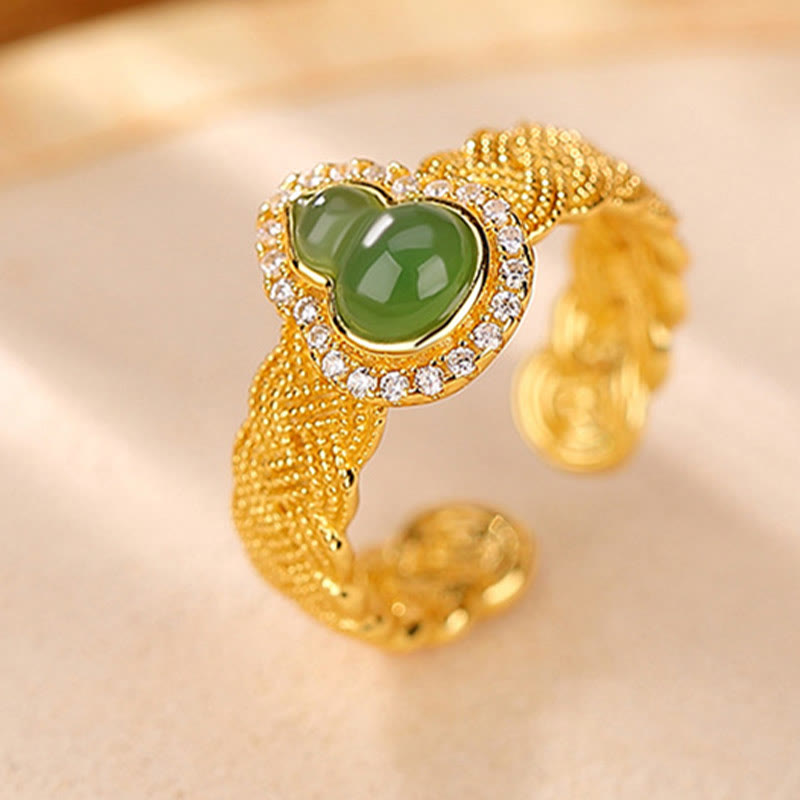 925 Sterling Silver Plated Gold Natural Hetian Cyan Jade Gourd Luck Bracelet Ring Set