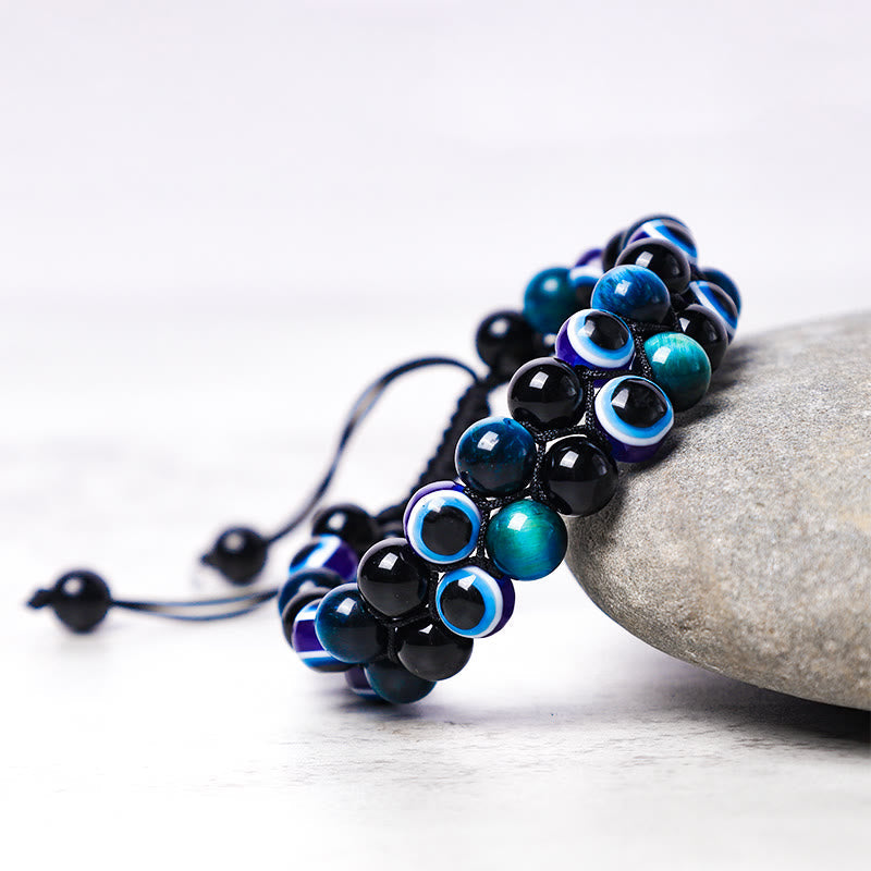 Handmade Evil Eye Hematite and Tiger Eye Adjustable Beaded Bracelet for Men and Women