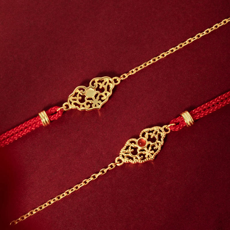 Handmade Red String Bracelet with Gold Longevity Lock and Red Agate