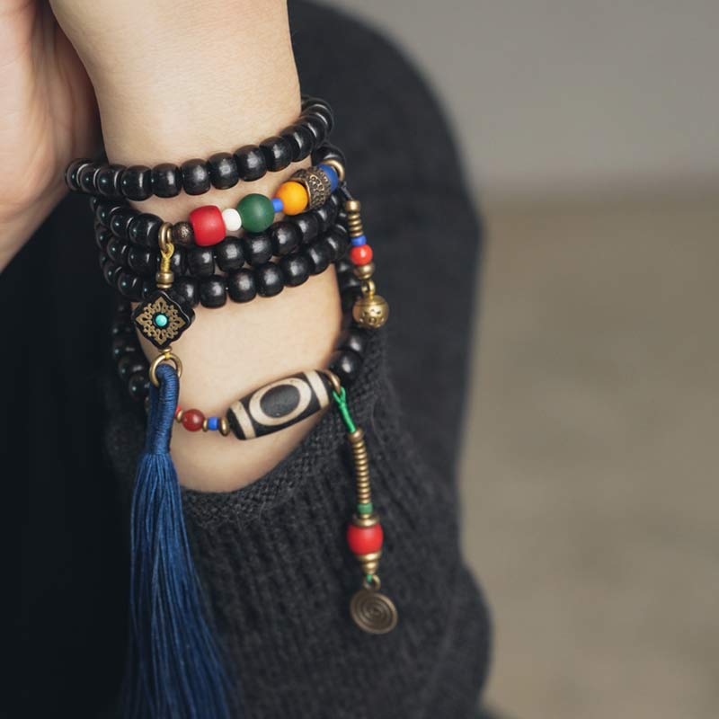108 Beads Mala Ebony Wood Dzi Bead Copper Balance Tassel Bracelet