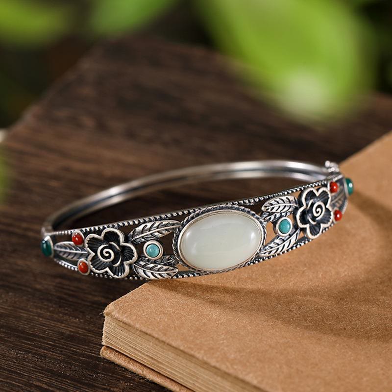 Cyan Jade White Jade Flower Leaf Harmony Luck Bracelet Bangle
