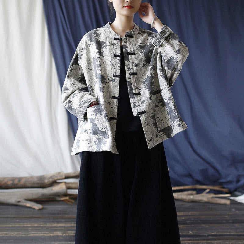 Black Gray Print Frog-button Design Long Sleeve Cotton Linen Jacket Shirt With Pockets
