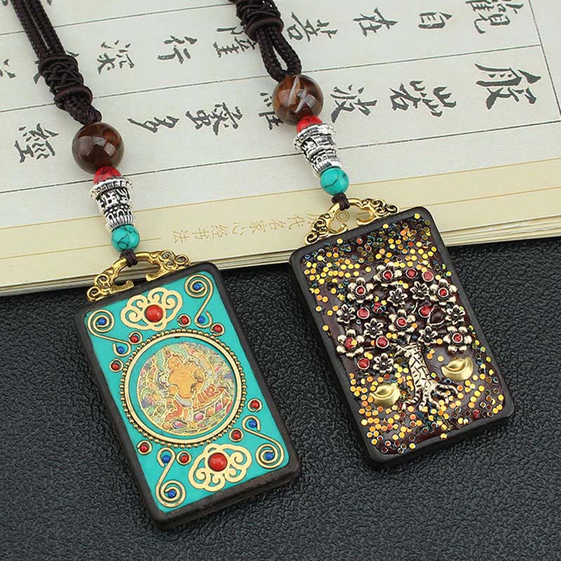 Tibet God Of Wealth Money Tree Golden Phoenix Thangka Ebony Peace Necklace Pendant