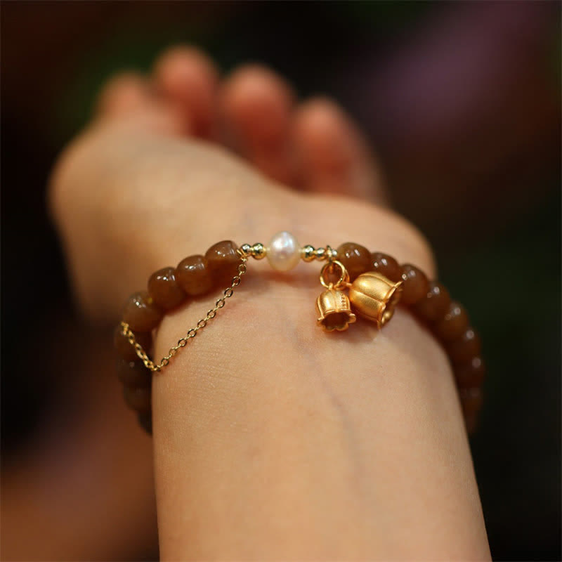 Natural Hetian Jade and Pearl Lily of the Valley 925 Sterling Silver Gold Plated Charm Bracelet