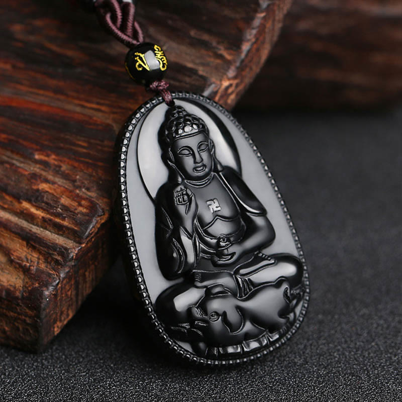 Chinese Zodiac Natal Buddha Natural Black Obsidian Purification Necklace Pendant