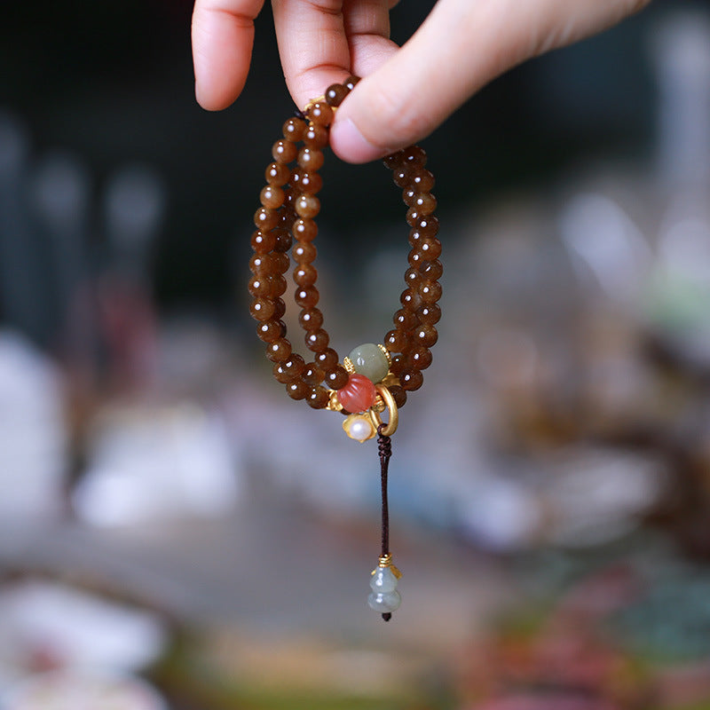 Natural Jade Pearl and Red Agate Butterfly Wu Lou Gourd Beaded Bracelet Necklace