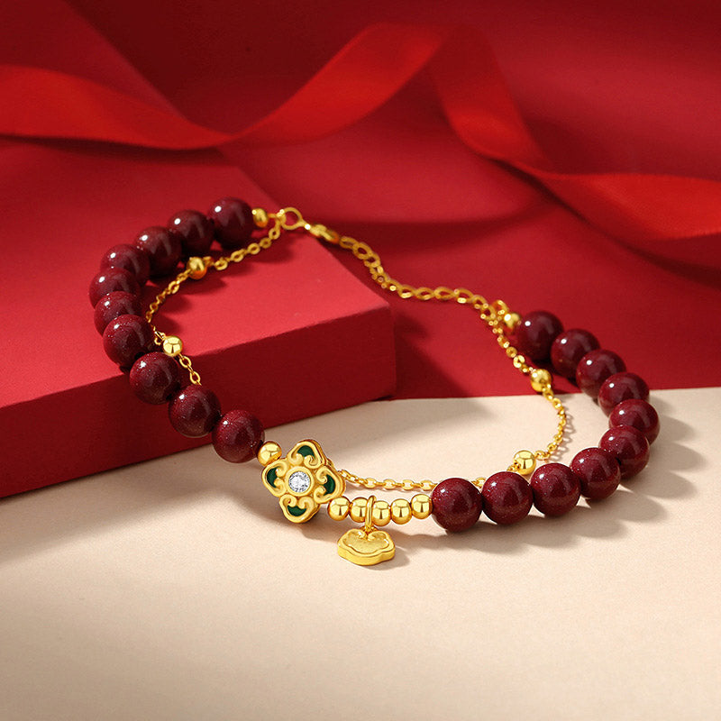 Natural Cinnabar & 925 Sterling Silver Four-Leaf Clover Longevity Lock Chain Bracelet