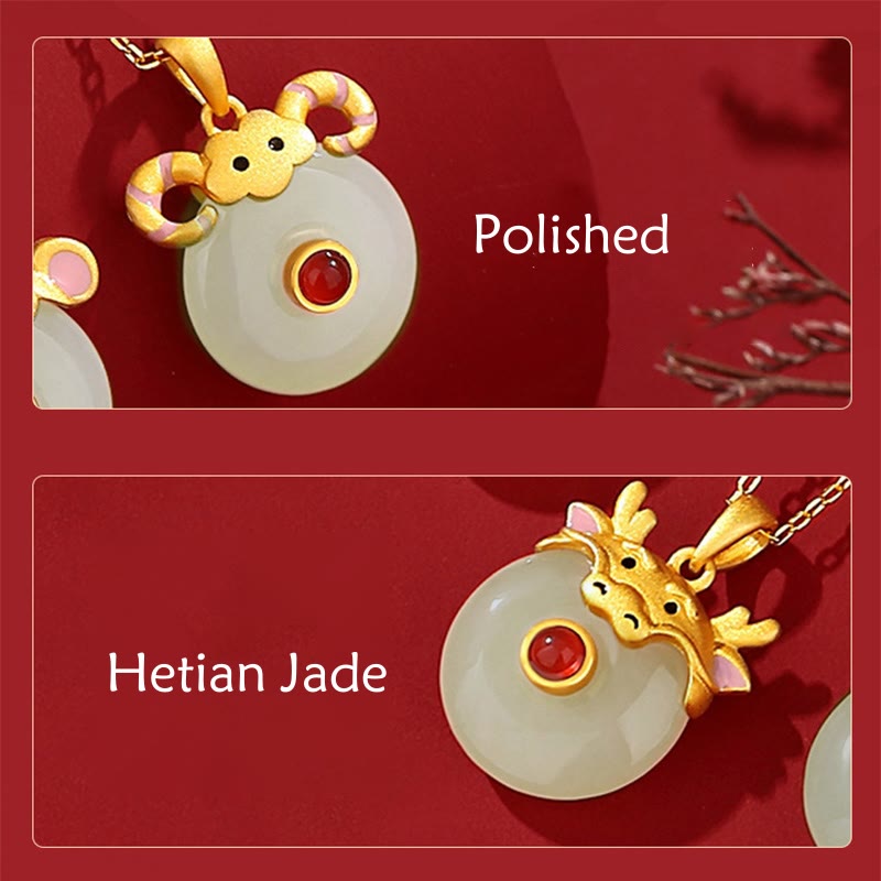 925 Sterling Silver Hetian Jade Chinese Zodiac Year of the Dragon Red Agate Luck Protection Necklace Pendant