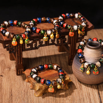 Five Elements Gold Swallowing Beast Family Charm Liuli Glass Bead Luck Bracelet