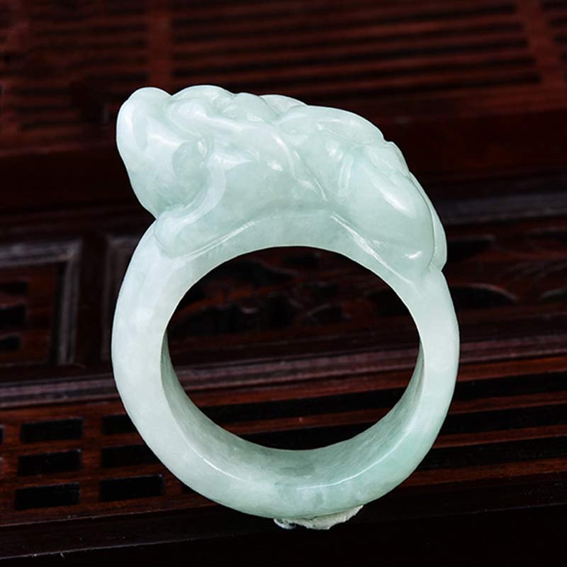 Hand-Carved Natural Green Jade Pixiu Artisan Band Ring